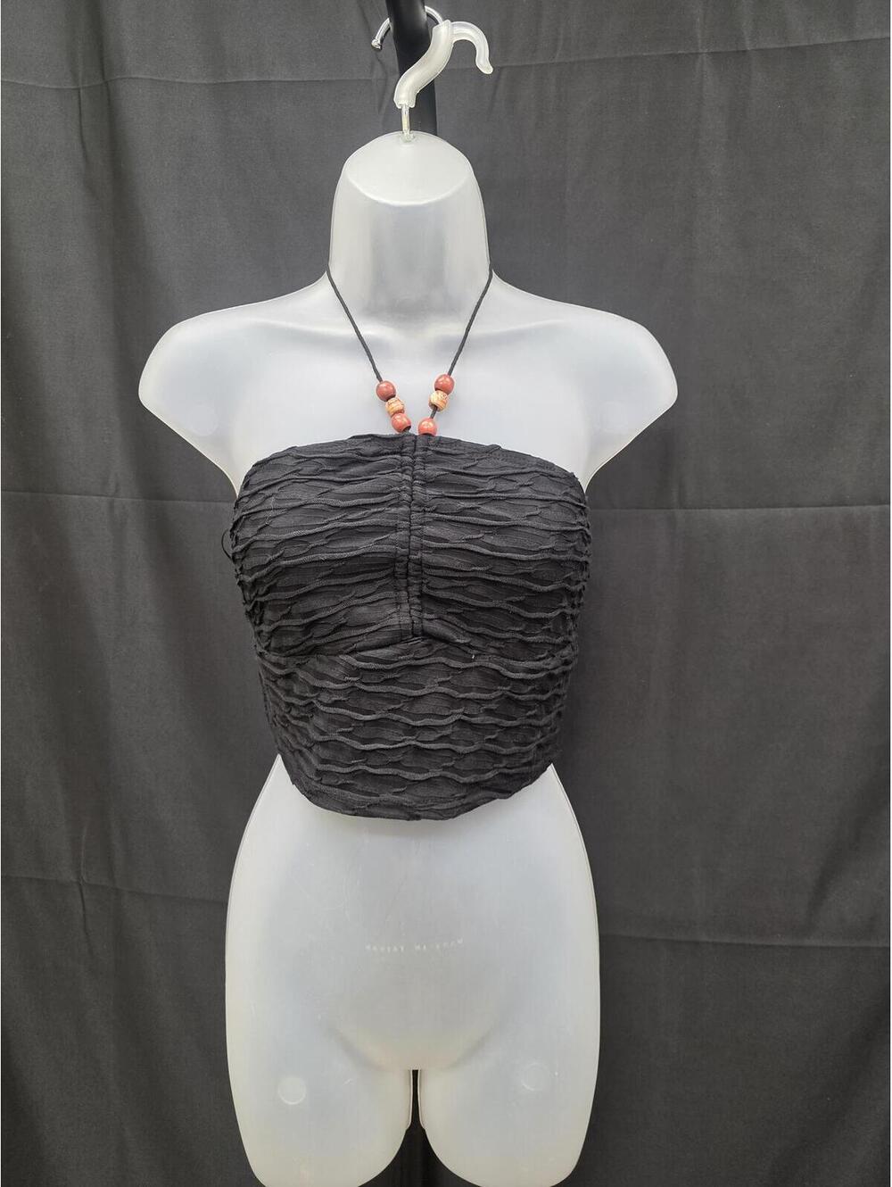 Floerns Women's Tie Backless Sleeveless Ruched Knitted Halter Crop Top A-Black S